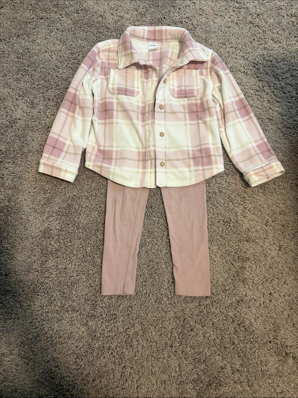 Carter's Pink and Cream Plaid Shacket with Pink Leggings